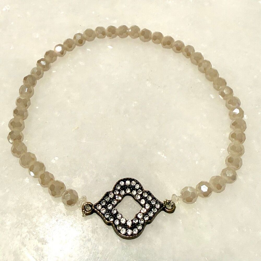 Handmade Faceted Moonstone Beads Arabesque Rhinestone Cream Stretch Bracelet